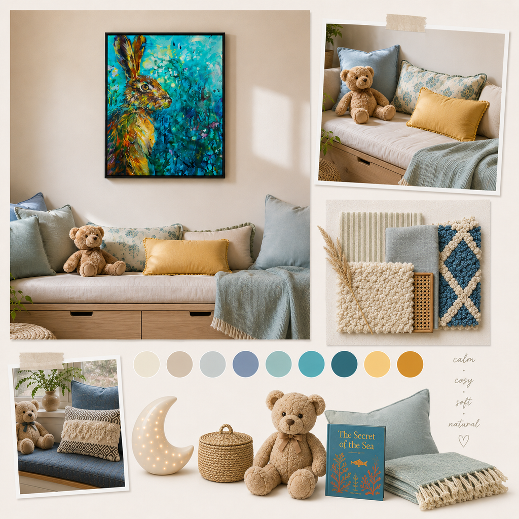 A styled interior collage showing a cozy room setup with a framed colorful rabbit painting above a bench, matching blue and yellow pillows and blankets, woven textiles, a teddy bear, a crescent moon lamp, and a book. Color swatches and handwritten notes appear at the bottom, suggesting a home decor or nursery styling theme.