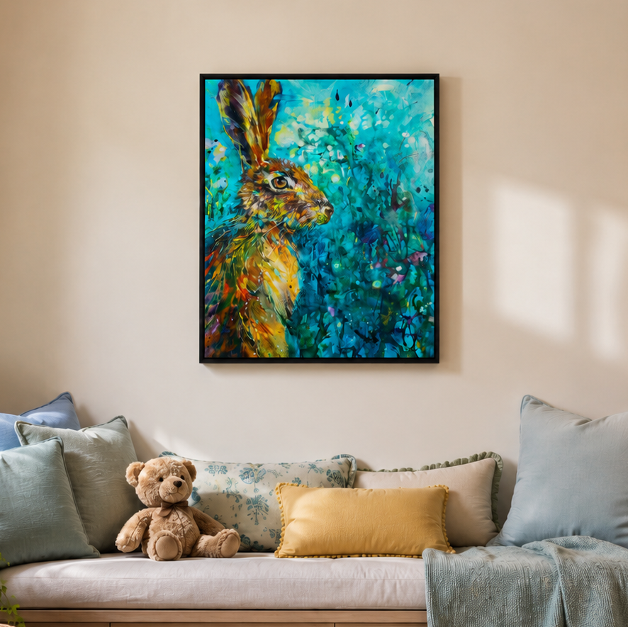 A framed vertical canvas painting of a hare in a blue-green field, displayed on a beige wall above a sofa with pillows and a teddy bear.