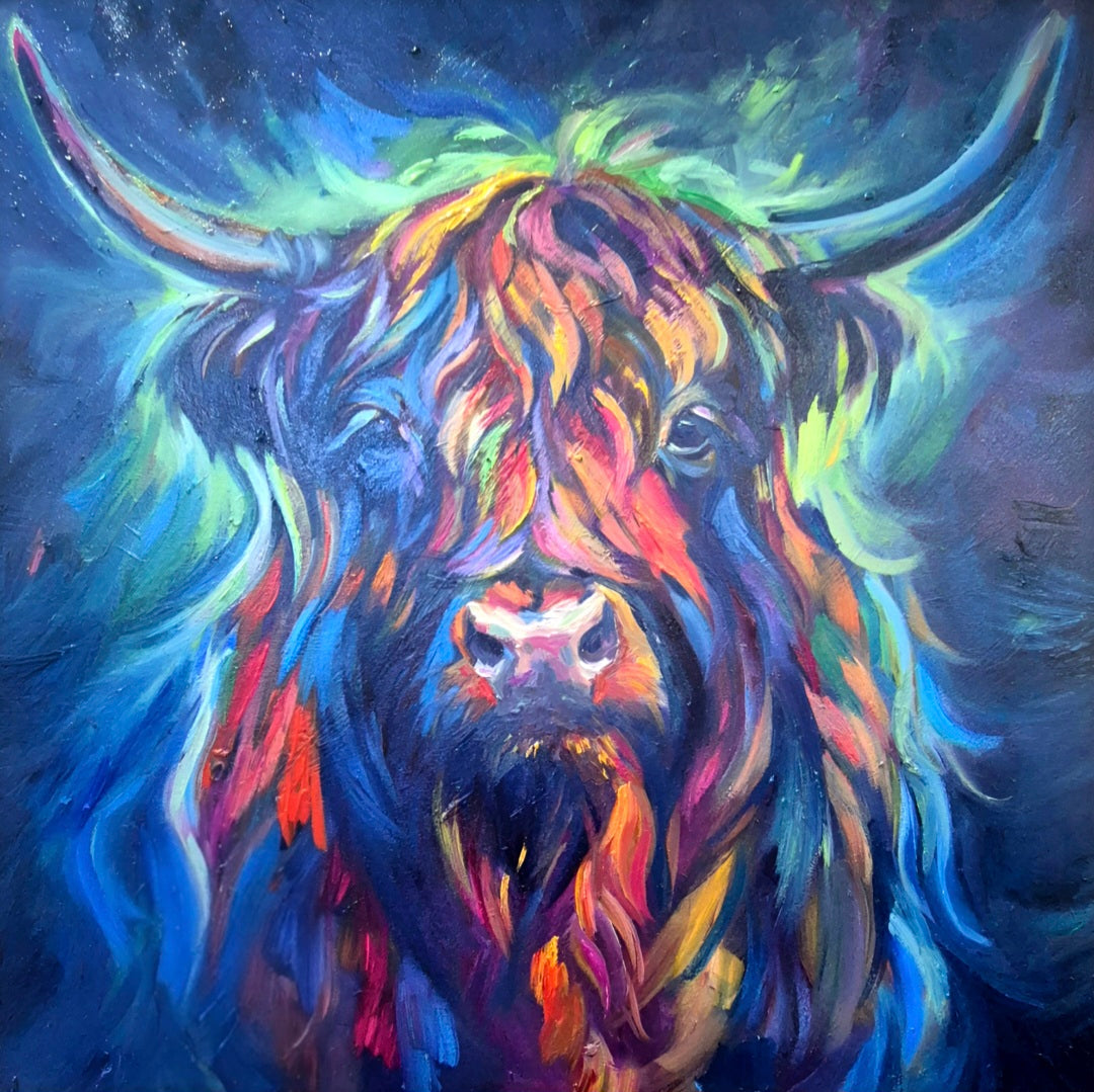 Colorful painting of a highland cow with vibrant hues on a dark background