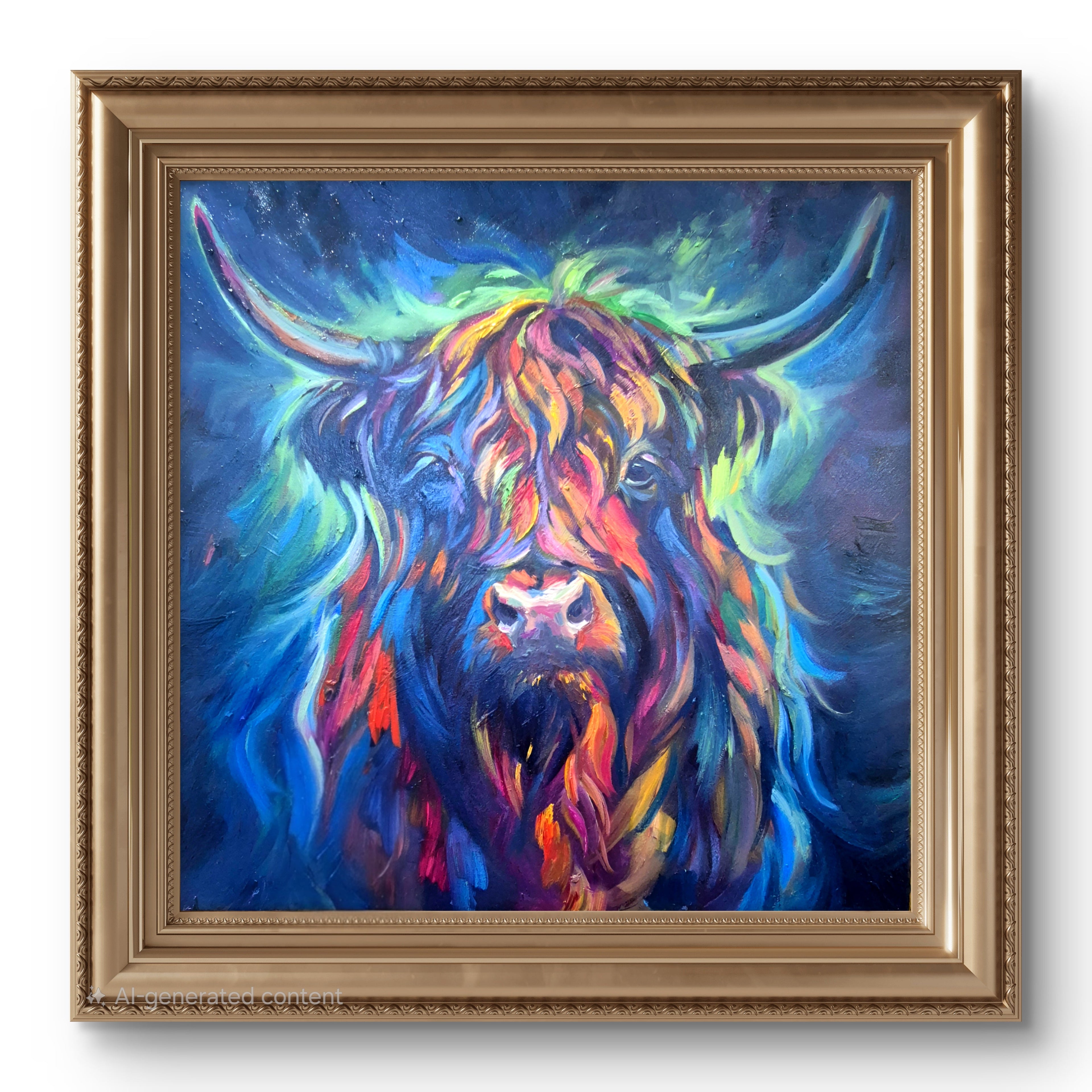 Colorful painting of a highland cow in a gold frame
