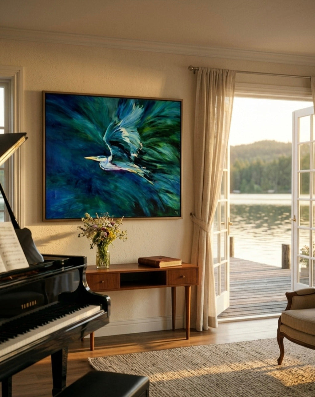 Living room with a grand piano, painting of a bird, and a view of a lake.
