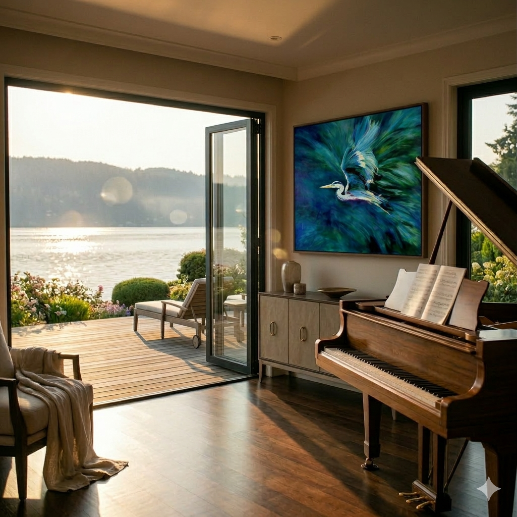 Living room with a grand piano, large heron painting, and view of a lake.