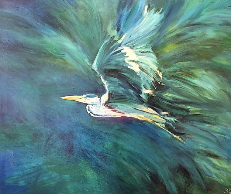 Painting of a heron emerging from a dense green and blue foliage