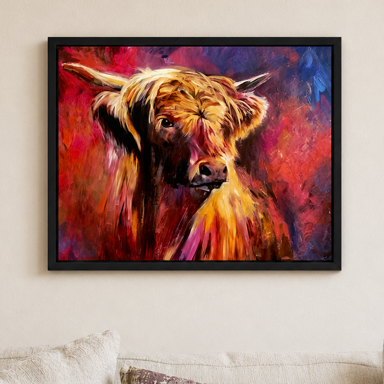 A framed colorful painting of a Highland cow hanging on a beige wall above a sofa with pillows.