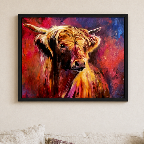 A framed colorful painting of a Highland cow hanging on a beige wall above a sofa with pillows.