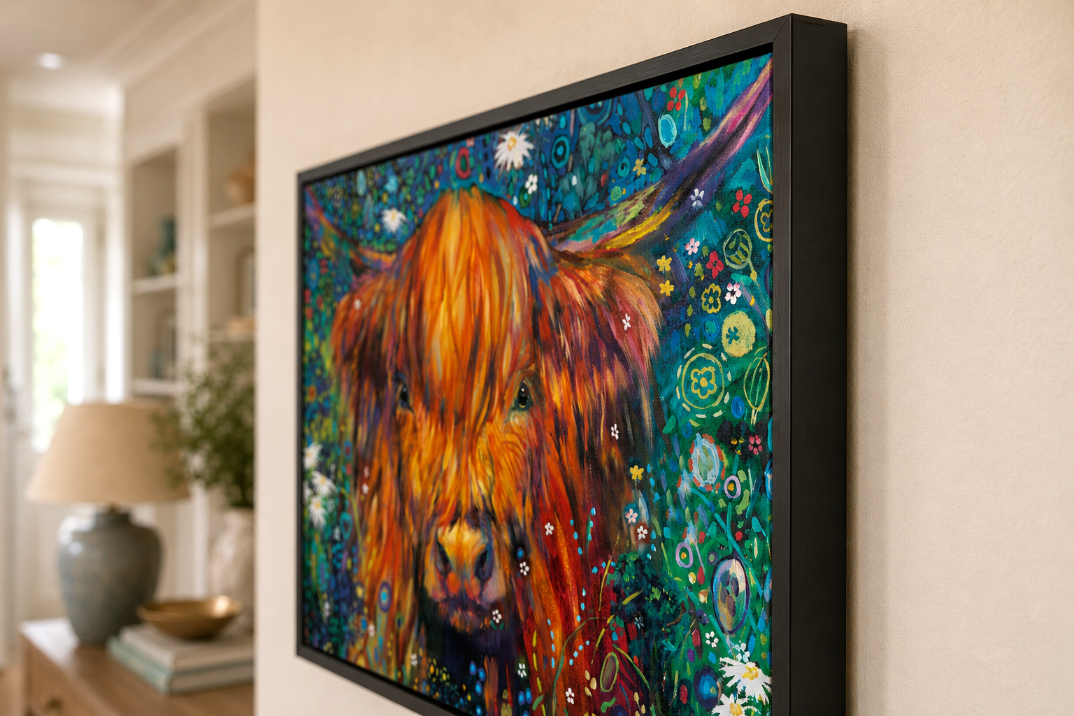 Braemar - Highland Cow Framed Canvas Print | Colourful Wildflower Cow Wall Art
