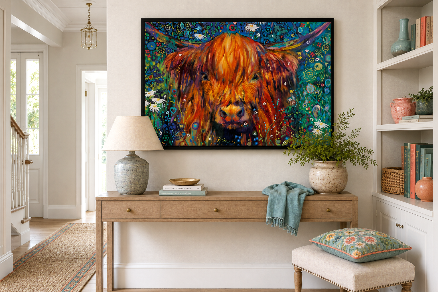 Braemar - Highland Cow Framed Canvas Print | Colourful Wildflower Cow Wall Art