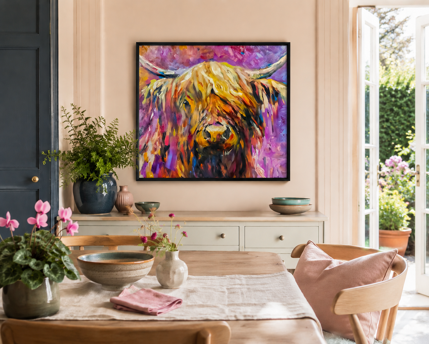Dining room with a colorful painting of a highland cow on the wall.