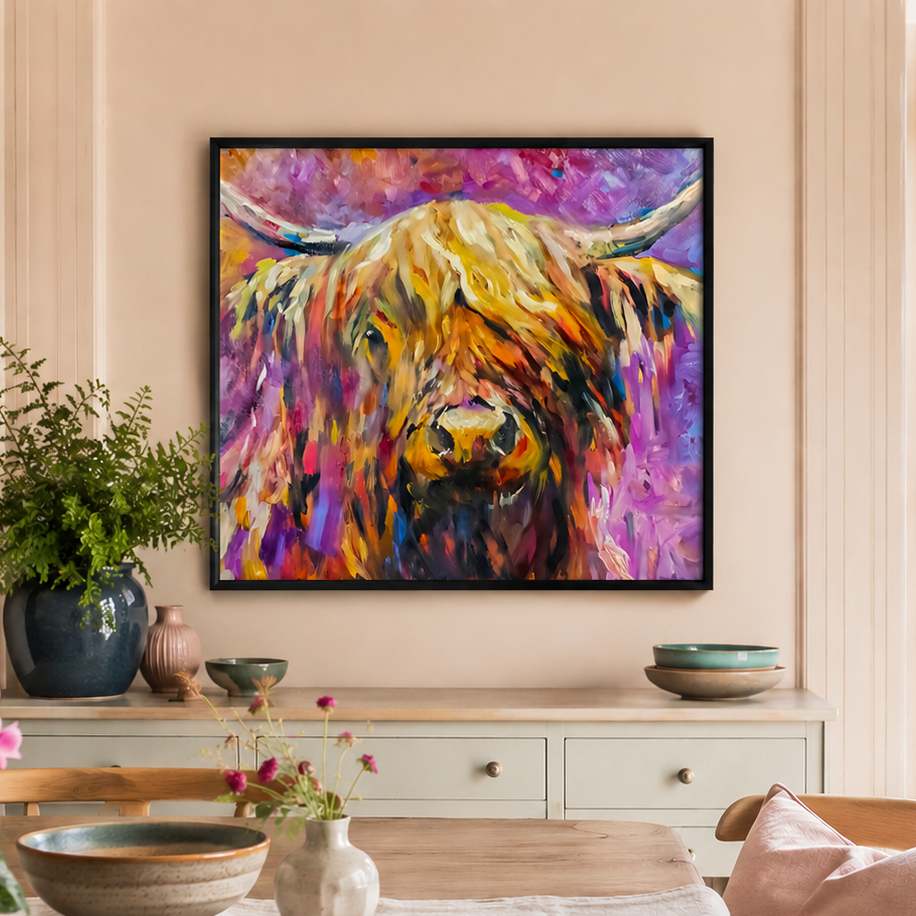 A framed colorful painting of a Highland cow hangs on a beige wall above a light gray sideboard in a styled dining room setting.