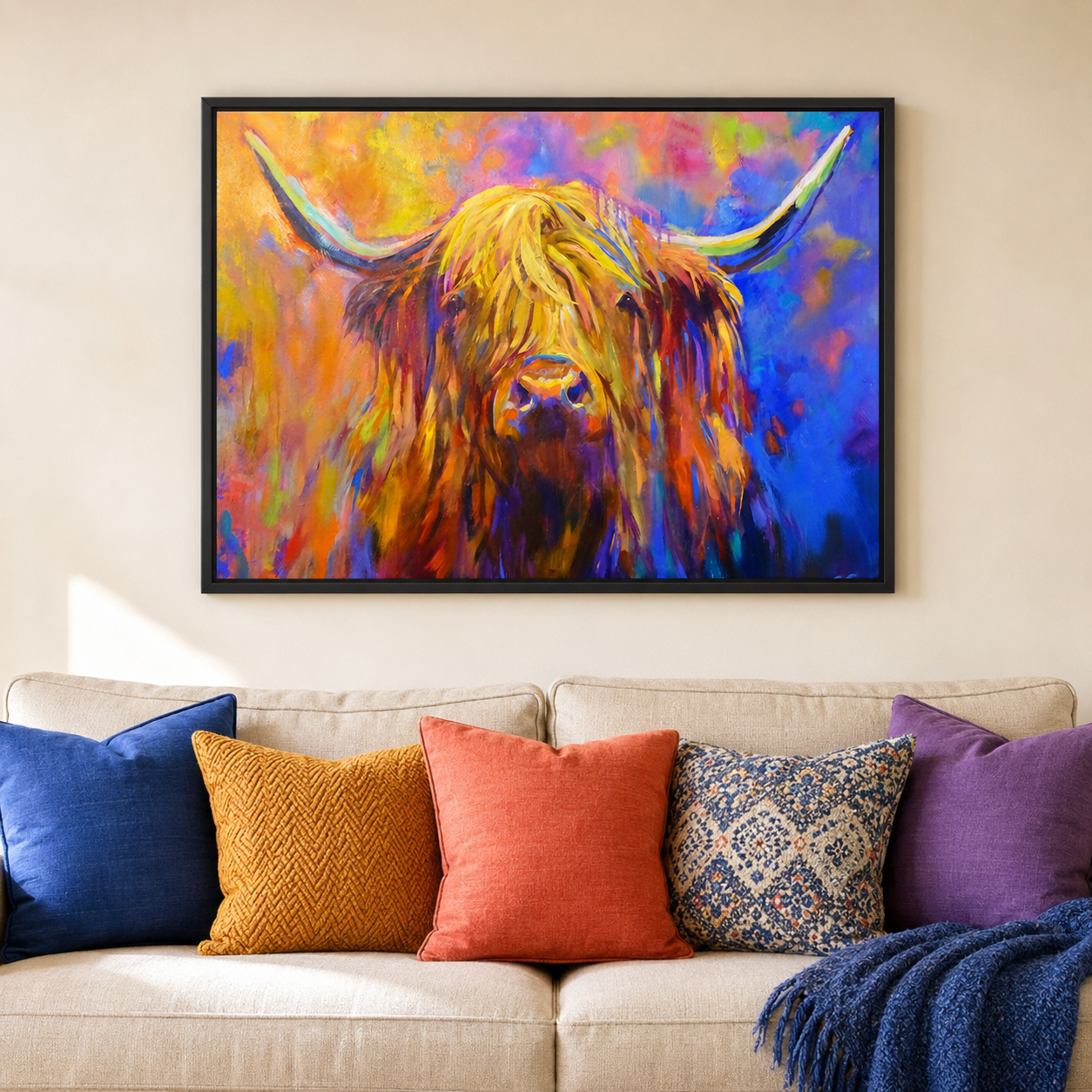 A colorful framed painting of a Highland cow hangs on a beige wall above a light-colored sofa with decorative throw pillows and a blue blanket.