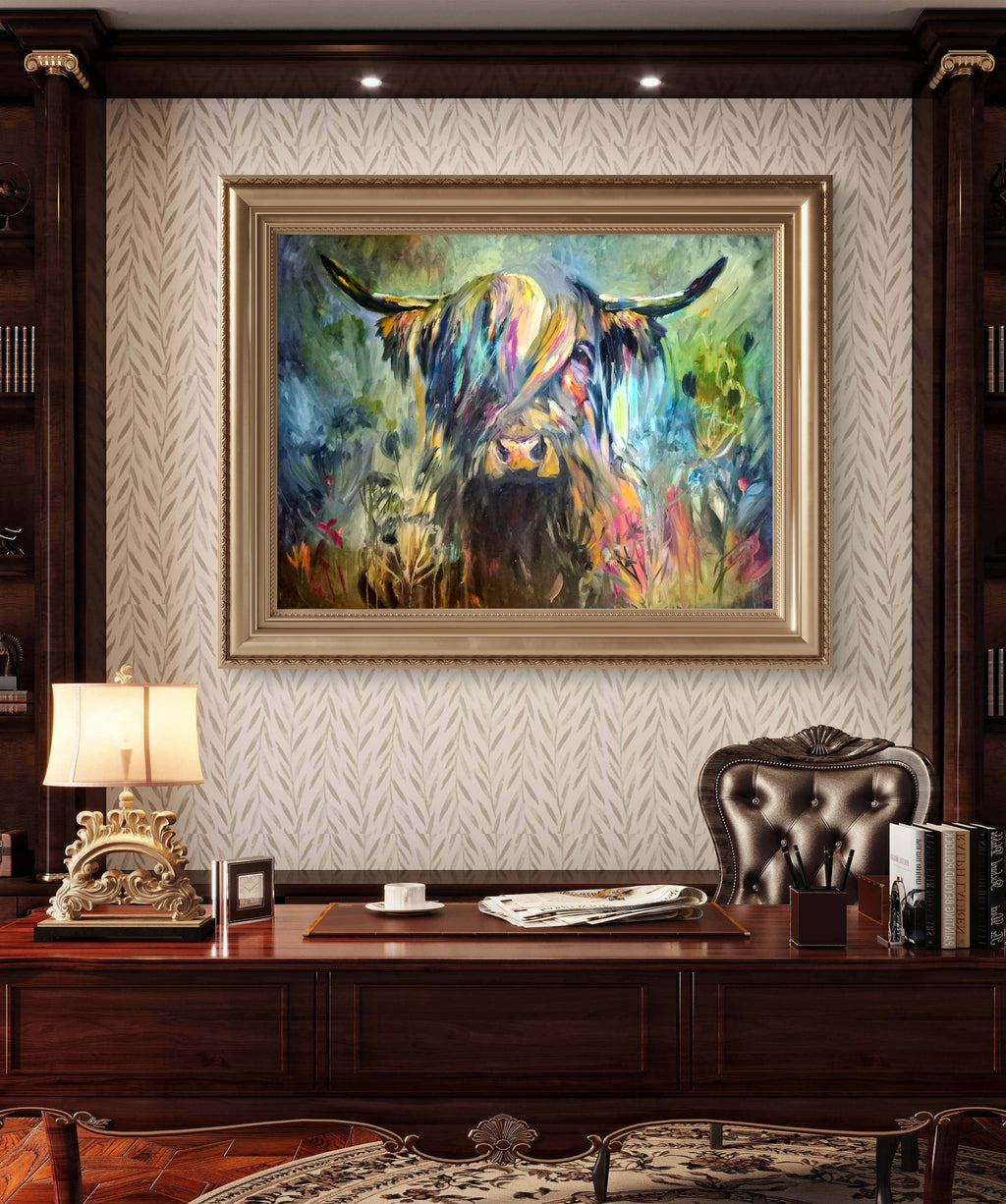 'Caught in the Act' Original Highland Cow Oil Painting. 80 x 100 cm/30 x 40 " - Animal Art by Susan Gardner - Contemporary Expressionist - Colourful Fine Art