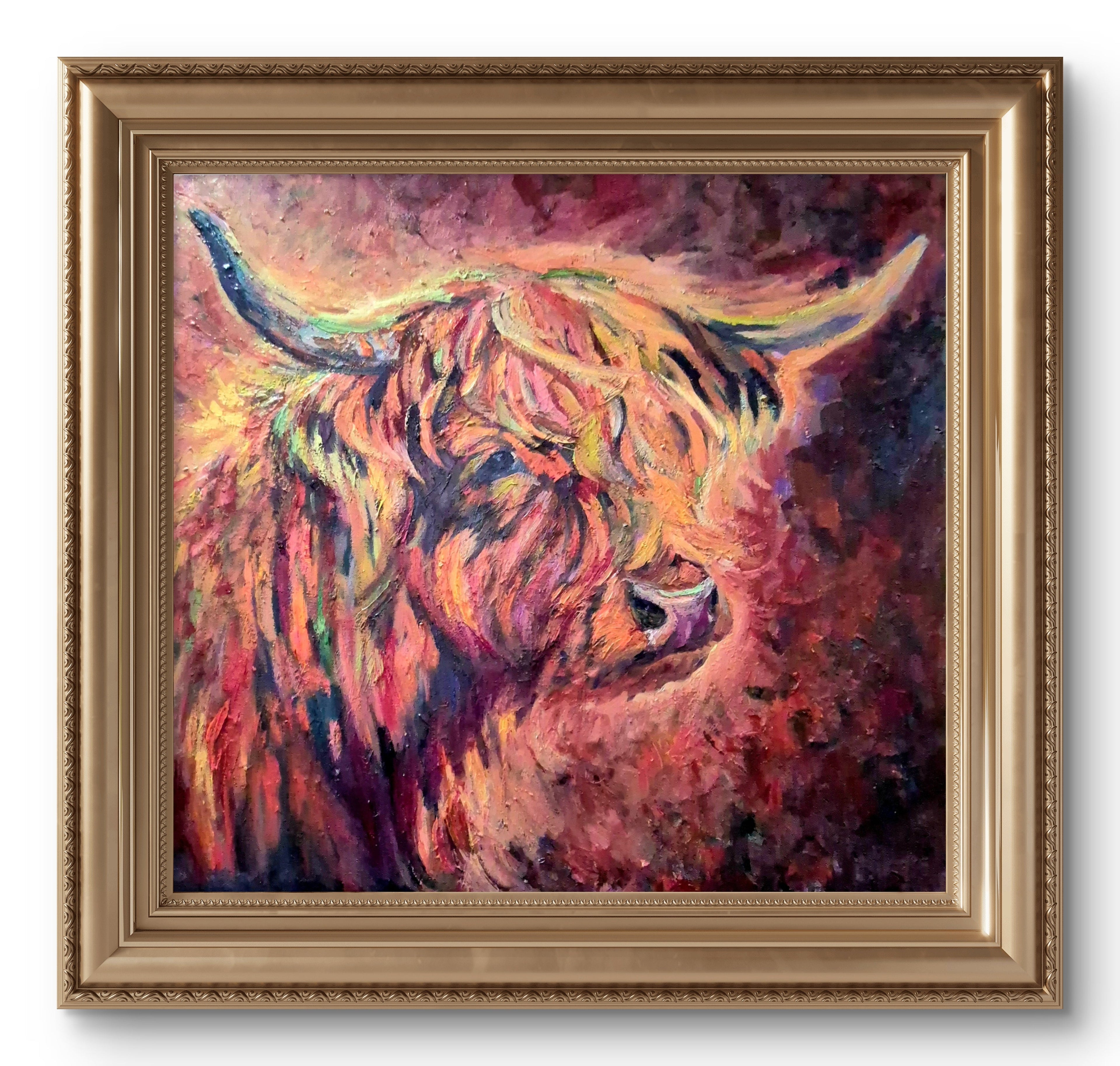'Sunset at Braemar' - Original Highland Cow Oil Painting-60 x60 cm \ 24 x 24" - Animal Art by Susan Gardner - Contemporary Expressionist - Colourful Fine Art