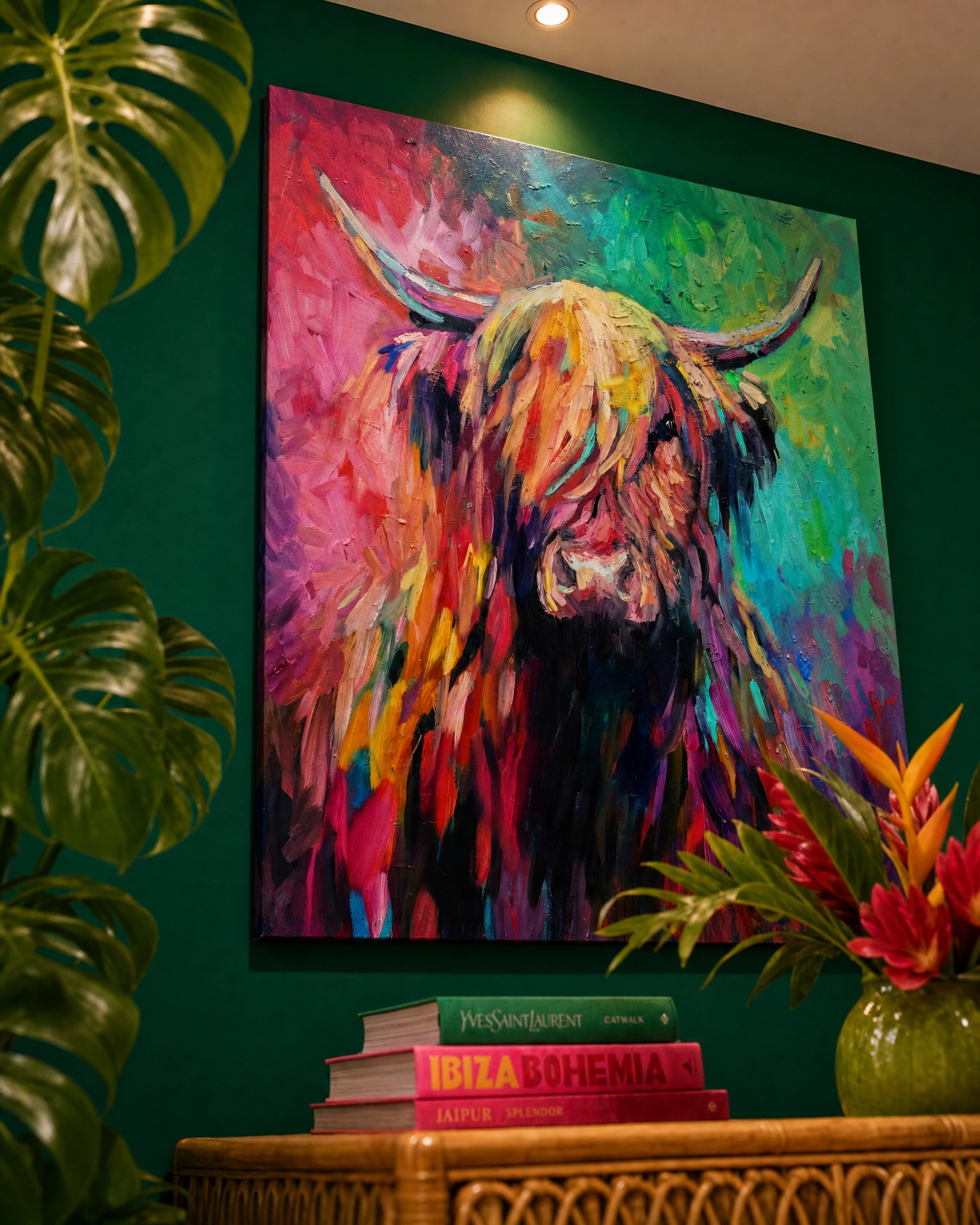 Colorful painting of a Highland cow on a green wall with books and plants below.