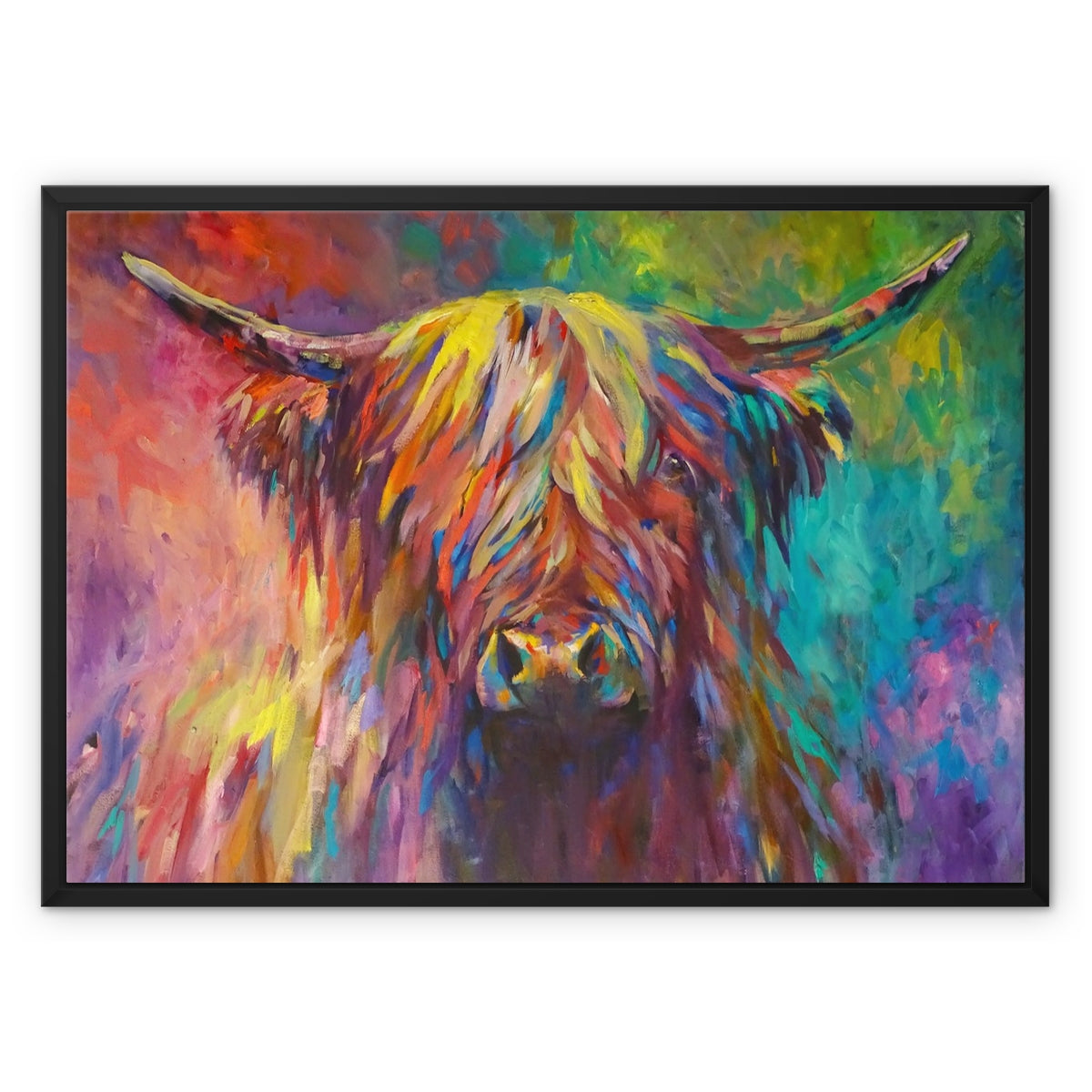 highland cow wall art canvas print in a black frame