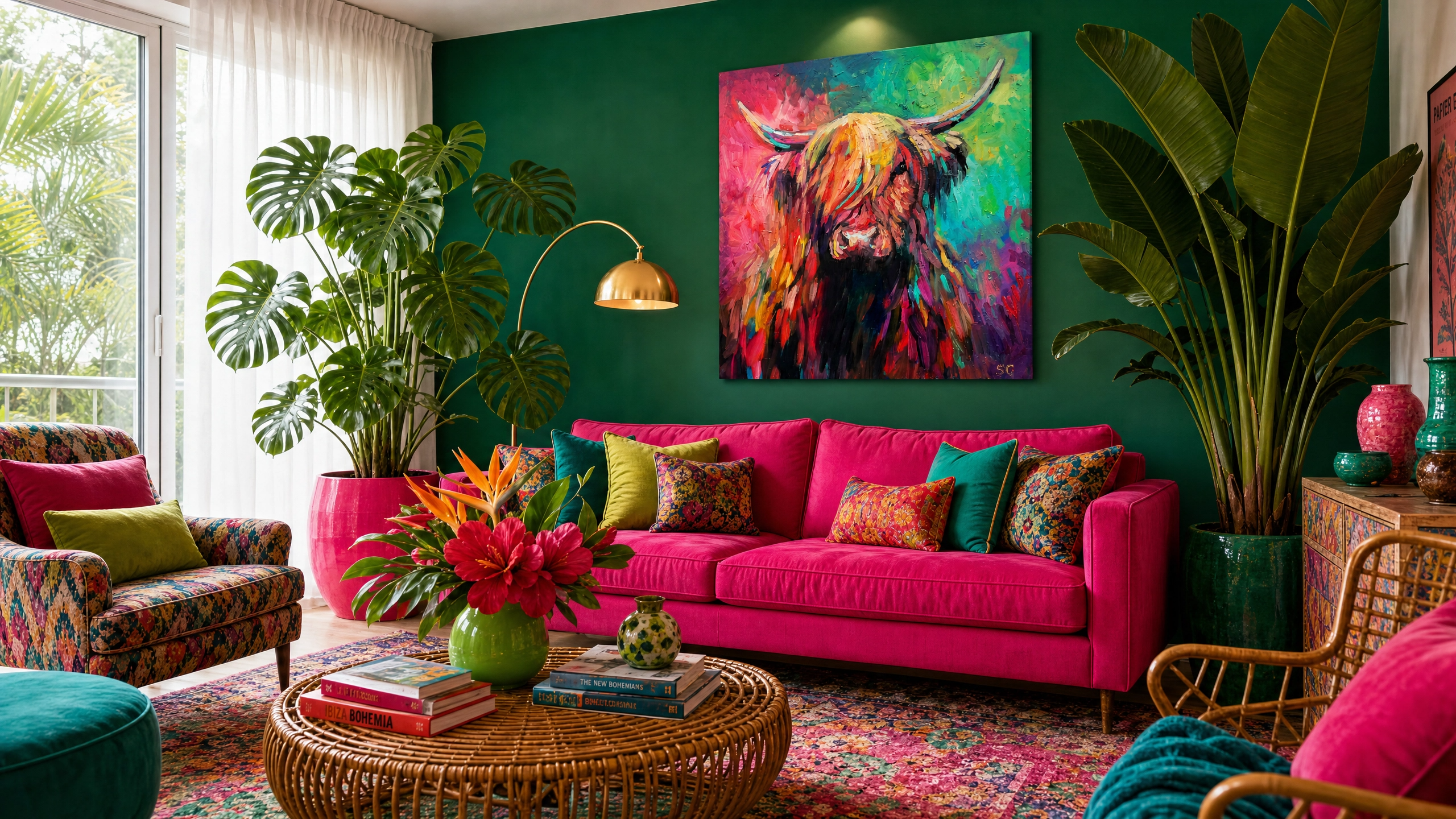 Colorful living room with a pink sofa, vibrant artwork, and potted plants.