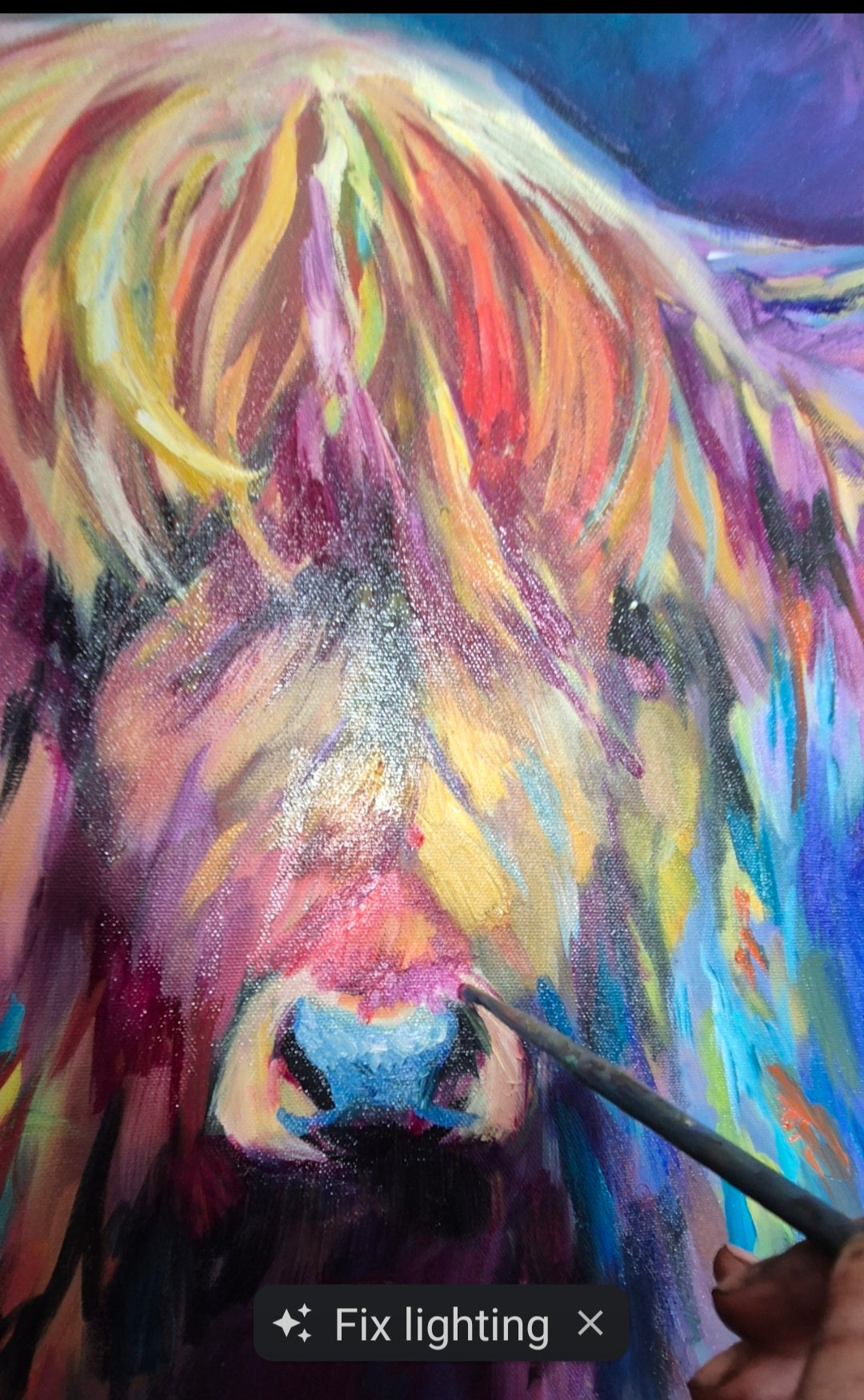 Sold**'Coroghon' - Highland Cow Oil Painting 50 x 50 cm/ 20 x 20" - Animal Art by Susan Gardner - Contemporary Expressionist - Colourful Fine Art