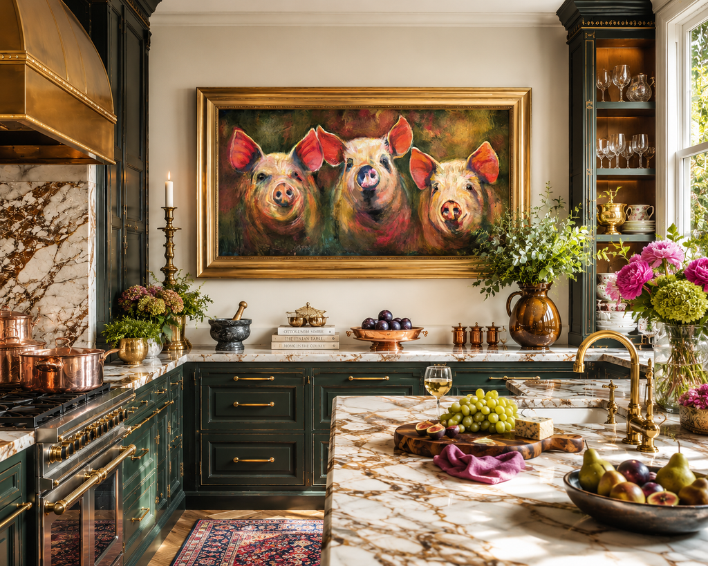 Luxurious kitchen with a painting of three pigs on the wall