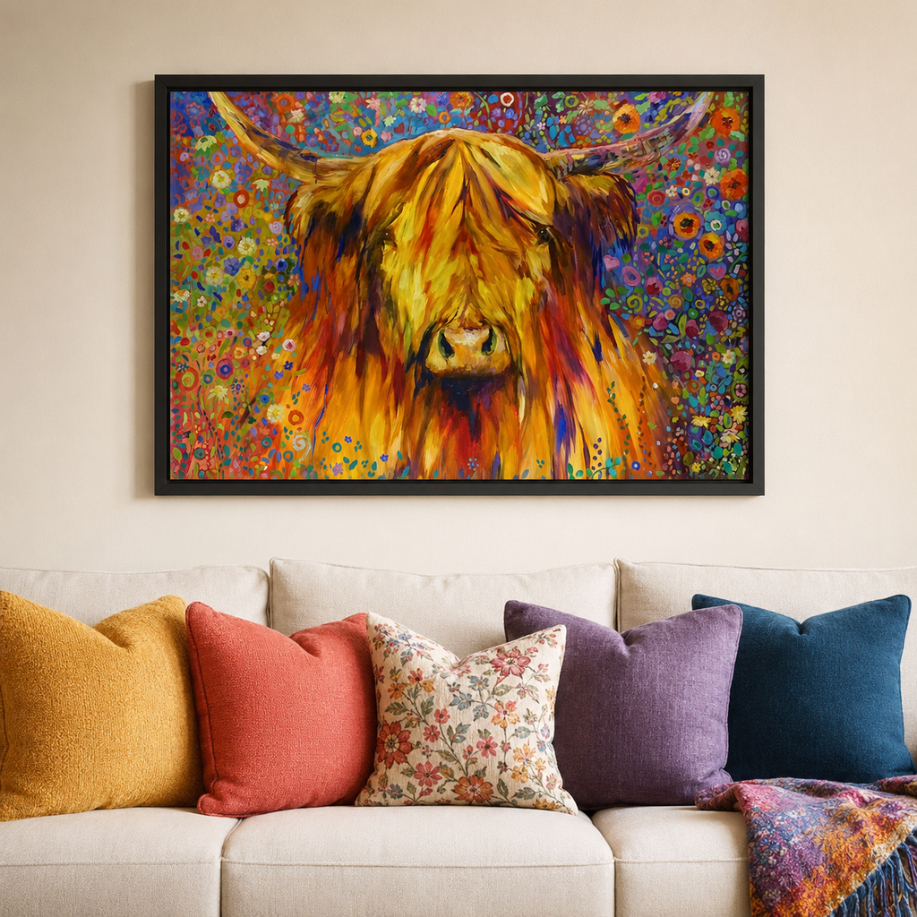 A framed colorful painting of a Highland cow hanging on a beige wall above a white sofa with multiple decorative throw pillows.