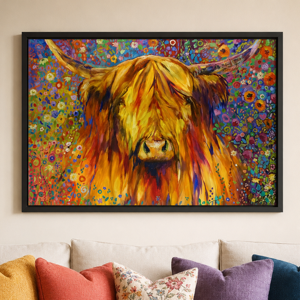 Inveraray: Highland cow with flowers on a framed canvas print.