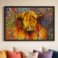 Inveraray: Highland cow with flowers on a framed canvas print.