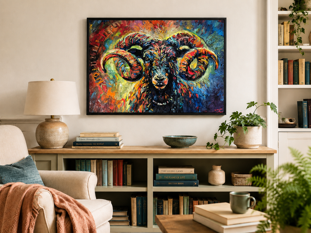 Colorful ram painting on a wall above a bookshelf in a living room.
