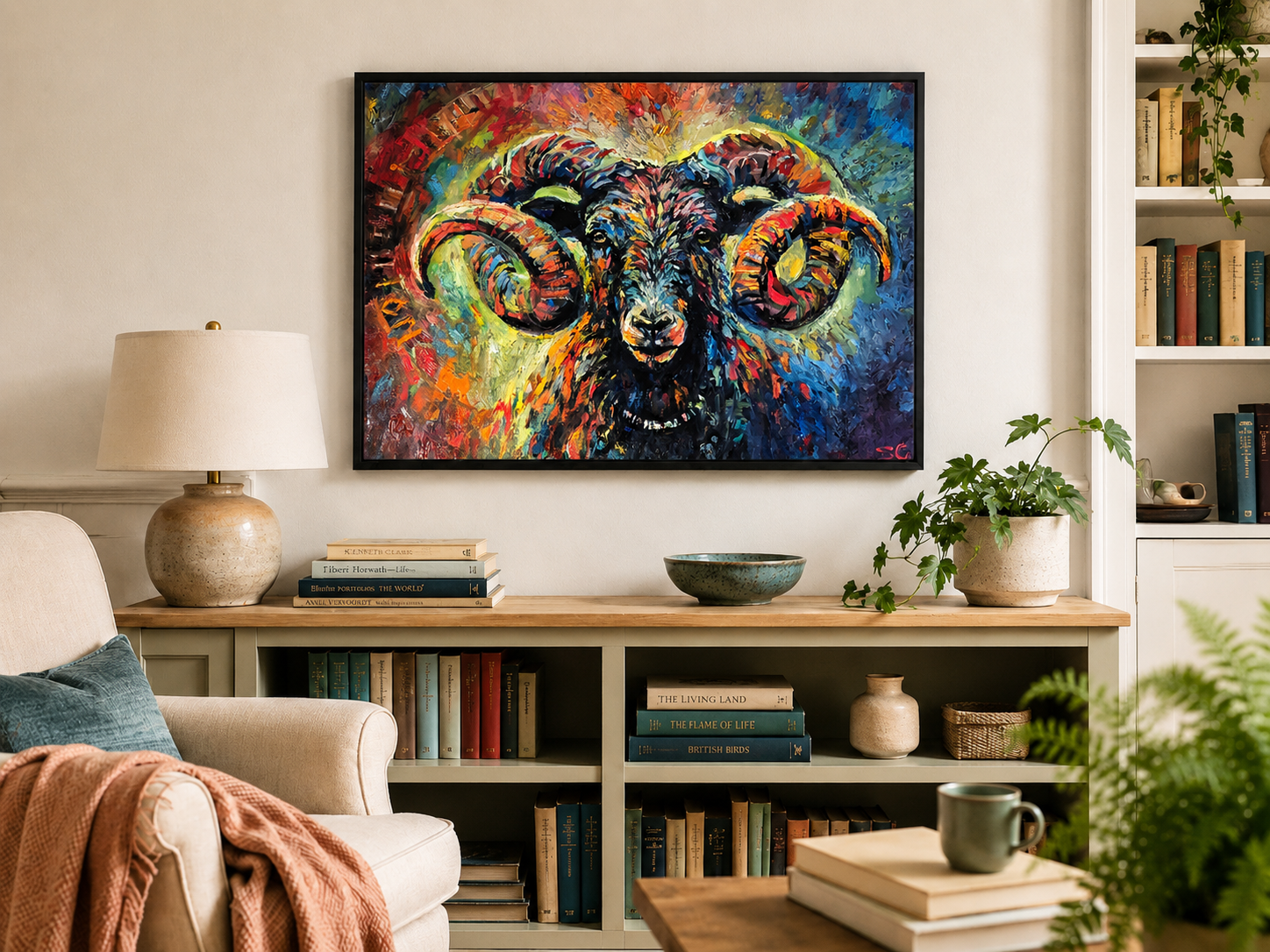 Colorful ram painting on a wall above a bookshelf in a living room.