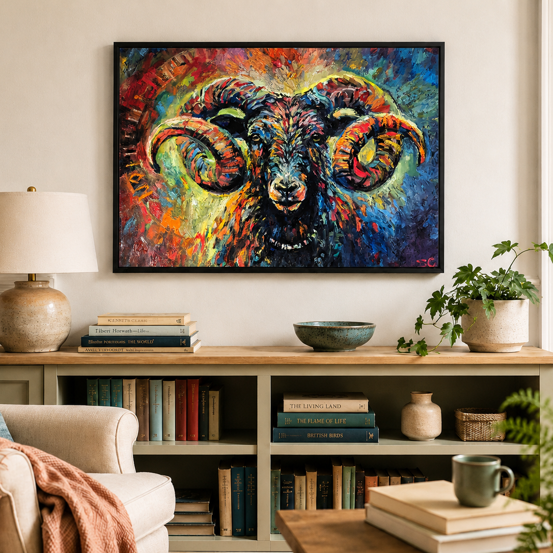 A colorful framed canvas painting of a ram's head hangs on a beige wall above a wooden console shelf in a styled living room setting.