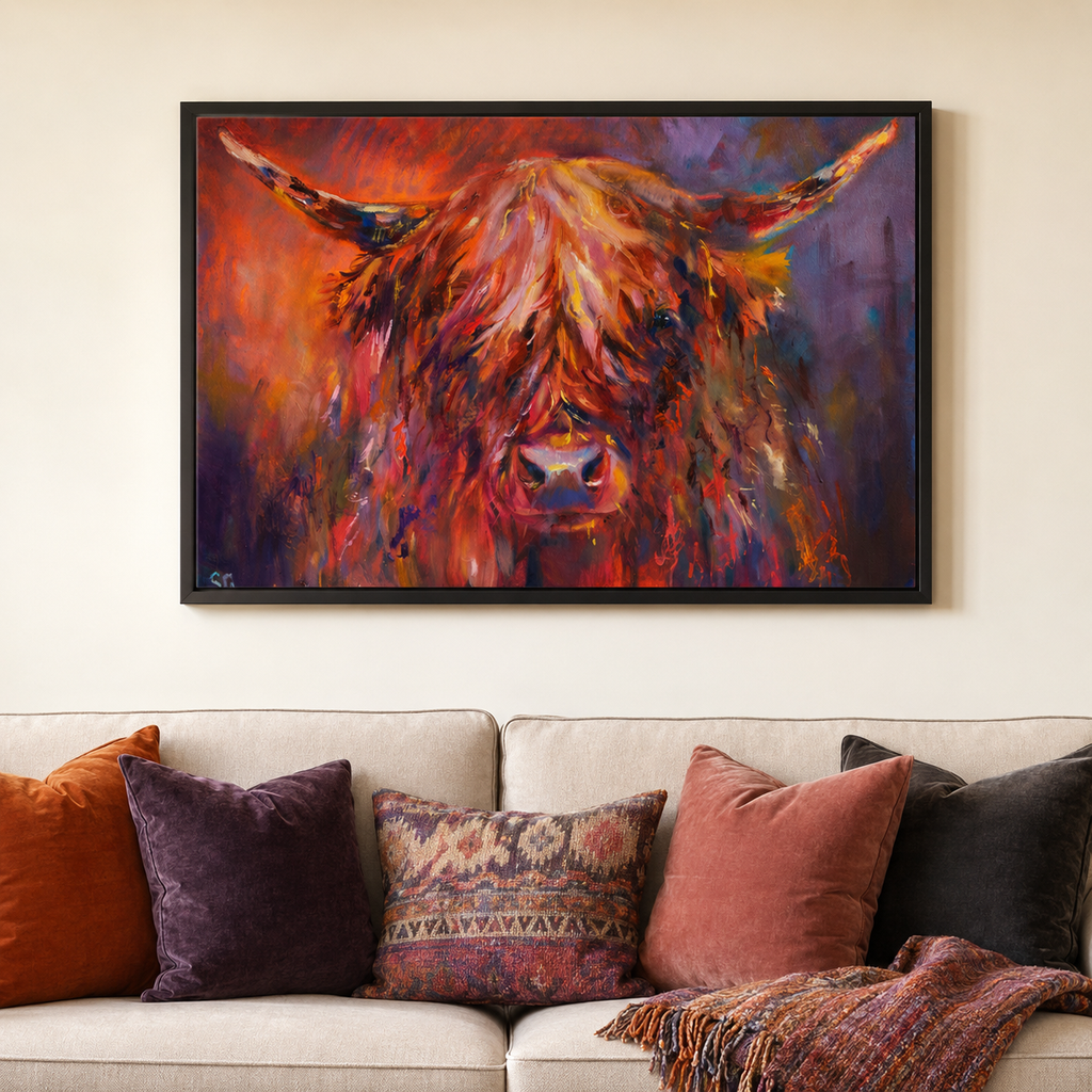 A framed colorful painting of a Highland cow hangs on a beige wall above a sofa with patterned throw pillows and a fringed blanket.