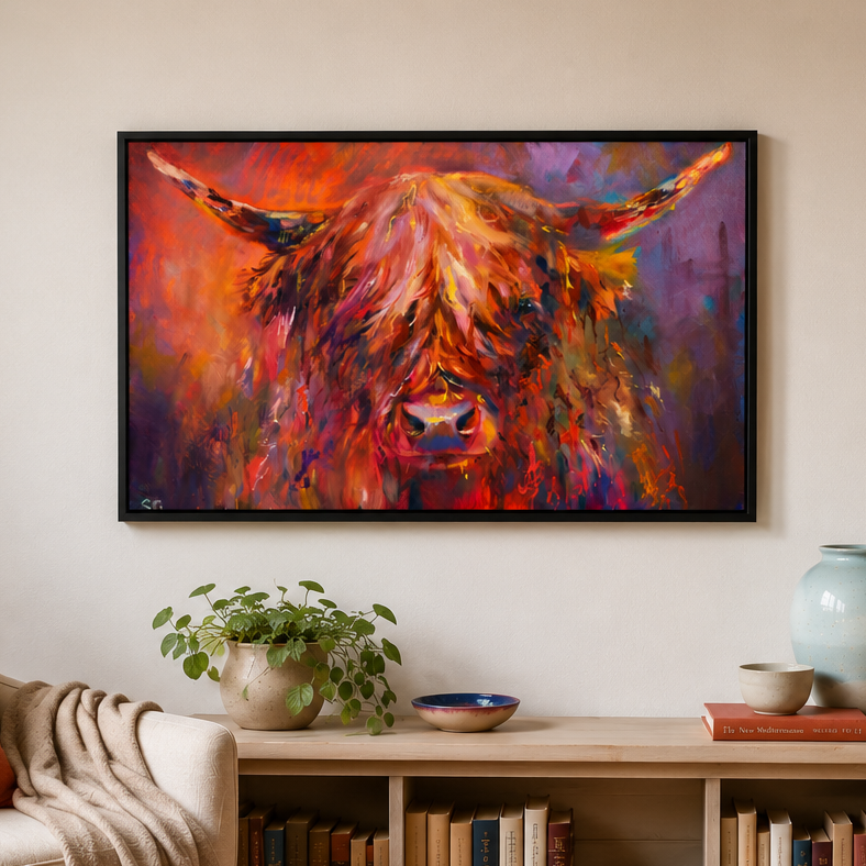 Framed painting of a colorful highland cow in a living room setting.