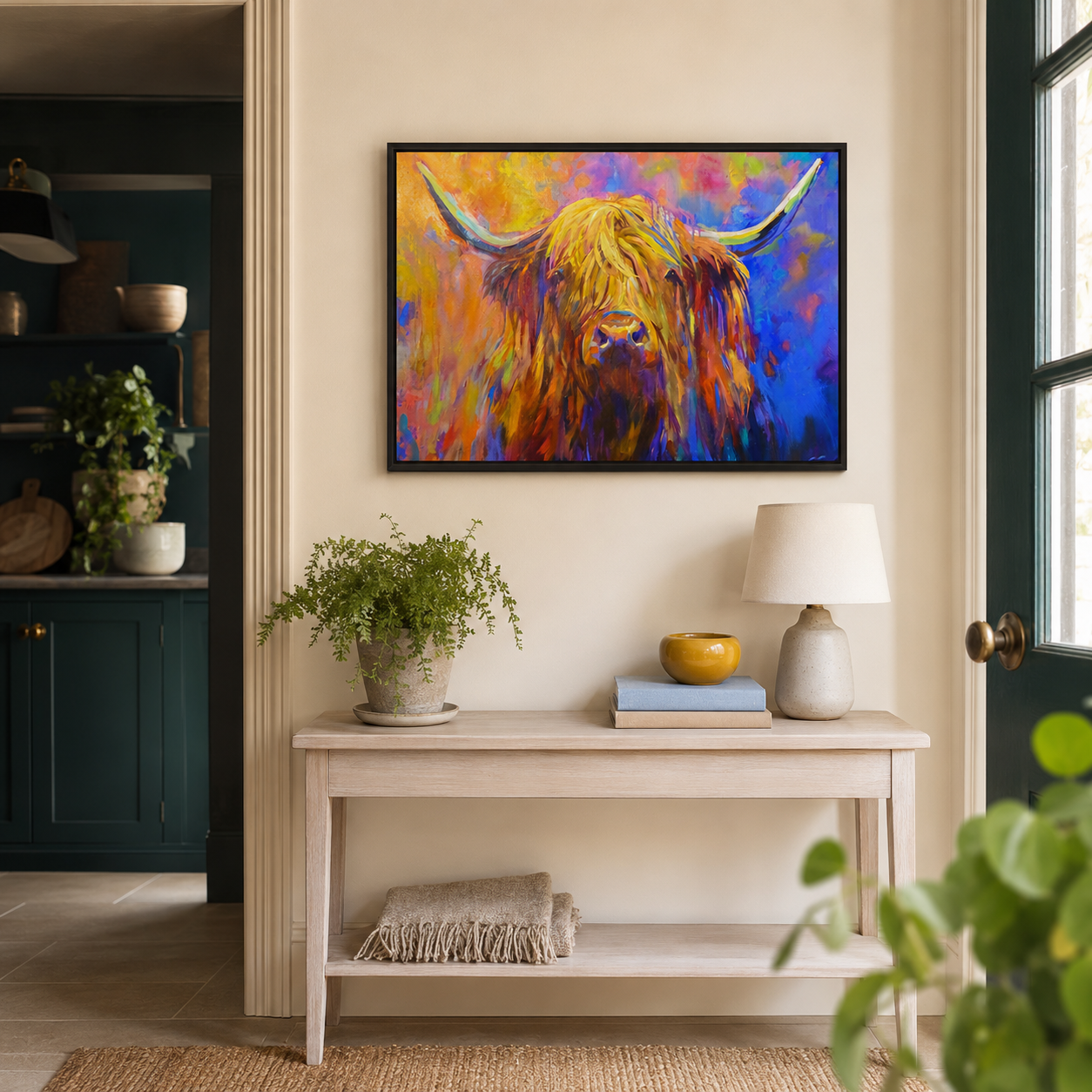 A colorful framed painting of a Highland cow hangs on a beige wall above a light wood console table in a styled home interior.