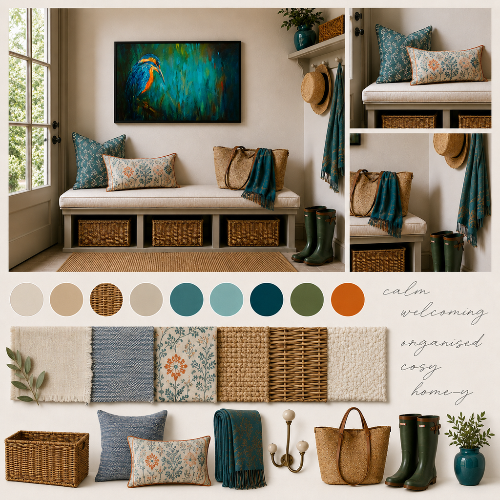 A styled interior entryway and home decor collage showing a bench with cushions, framed bird artwork, woven baskets, towels, hats, boots, pillows, and a color palette labeled 'calm welcoming organised home.' This is not a clean single-product shot, and it includes a real room environment, so the best fit is Lifestyle rather than Product/Packaging or Color Swatch.