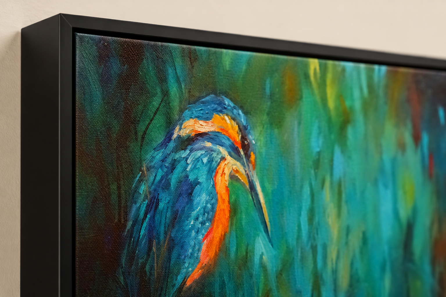 Close up detail of a Kingfisher painting in a black frame 
