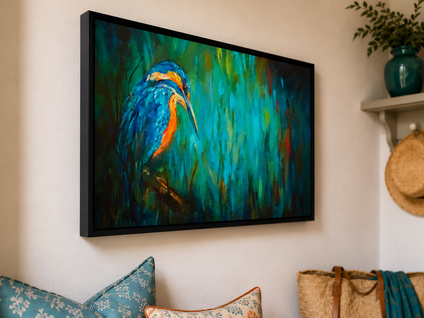 Kingfisher wall art framed canvas print by Susan Gardner Fine Art in a room setting