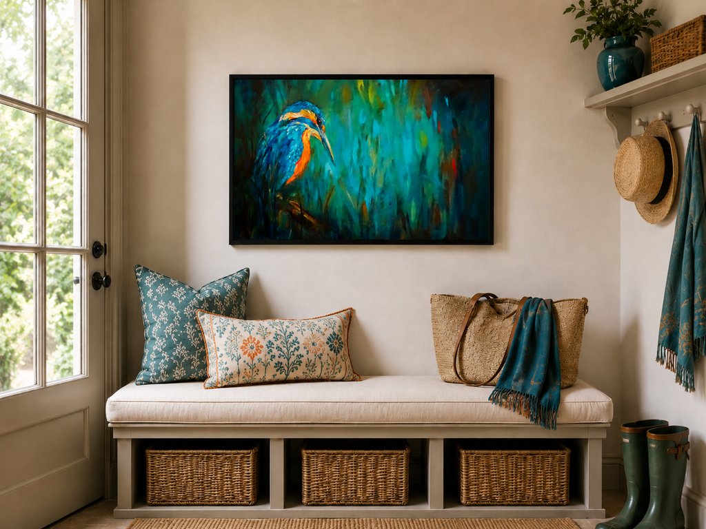 Nook with a bench, pillows, and a colorful bird painting on the wall.