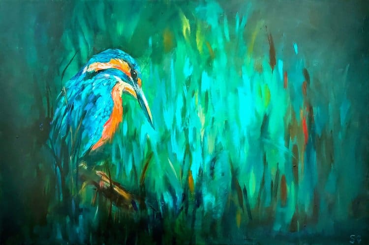 Original oil painting of a kingfisher bird perched on a reed against a turquoise background, depicting a scene with water and rushes.