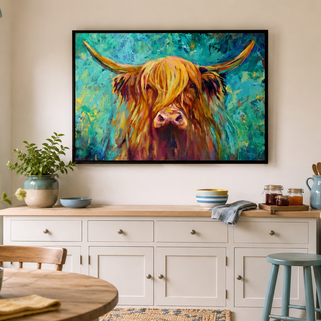Colorful painting of a Highland cow on a wall above a kitchen counter.