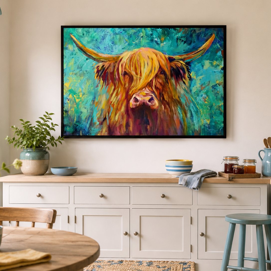 Colorful painting of a Highland cow on a wall above a kitchen counter.