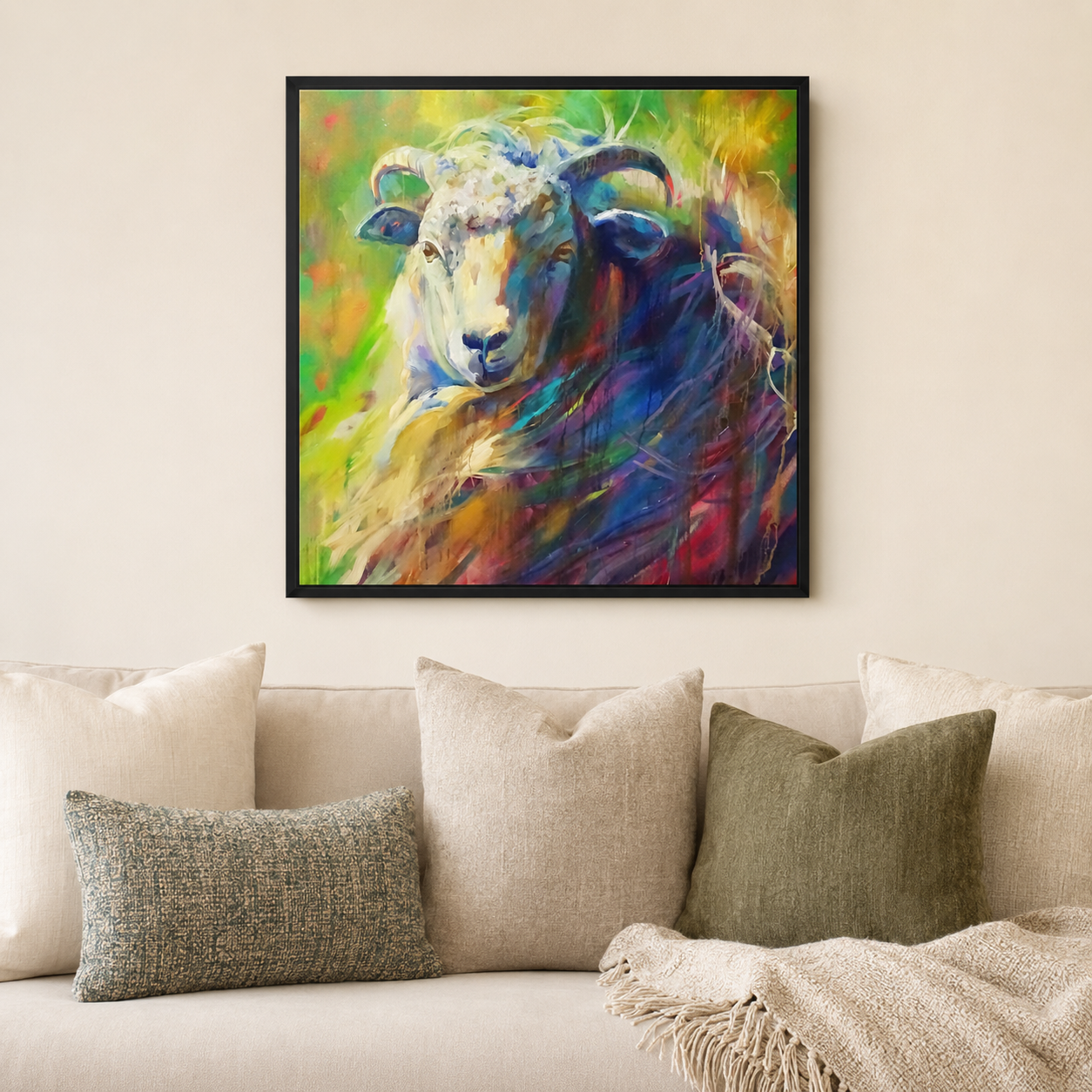 A framed colorful painting of a goat's head hangs on a beige wall above a sofa with cream and olive pillows and a throw blanket.