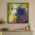Dining room with a colorful painting of a sheep on the wall, table setting, and open door leading to a garden.