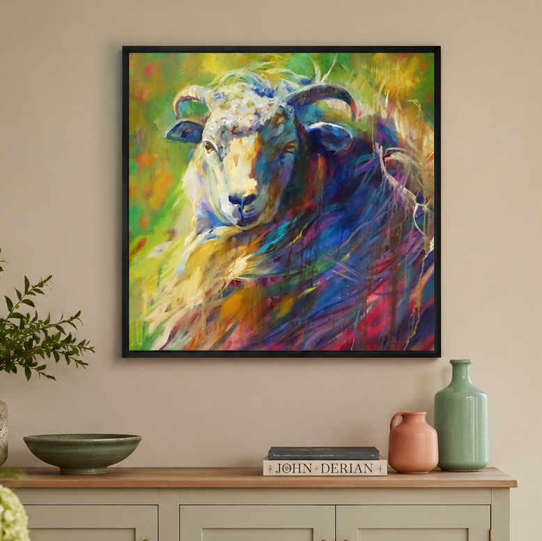 Dining room with a colorful painting of a sheep on the wall, table setting, and open door leading to a garden.