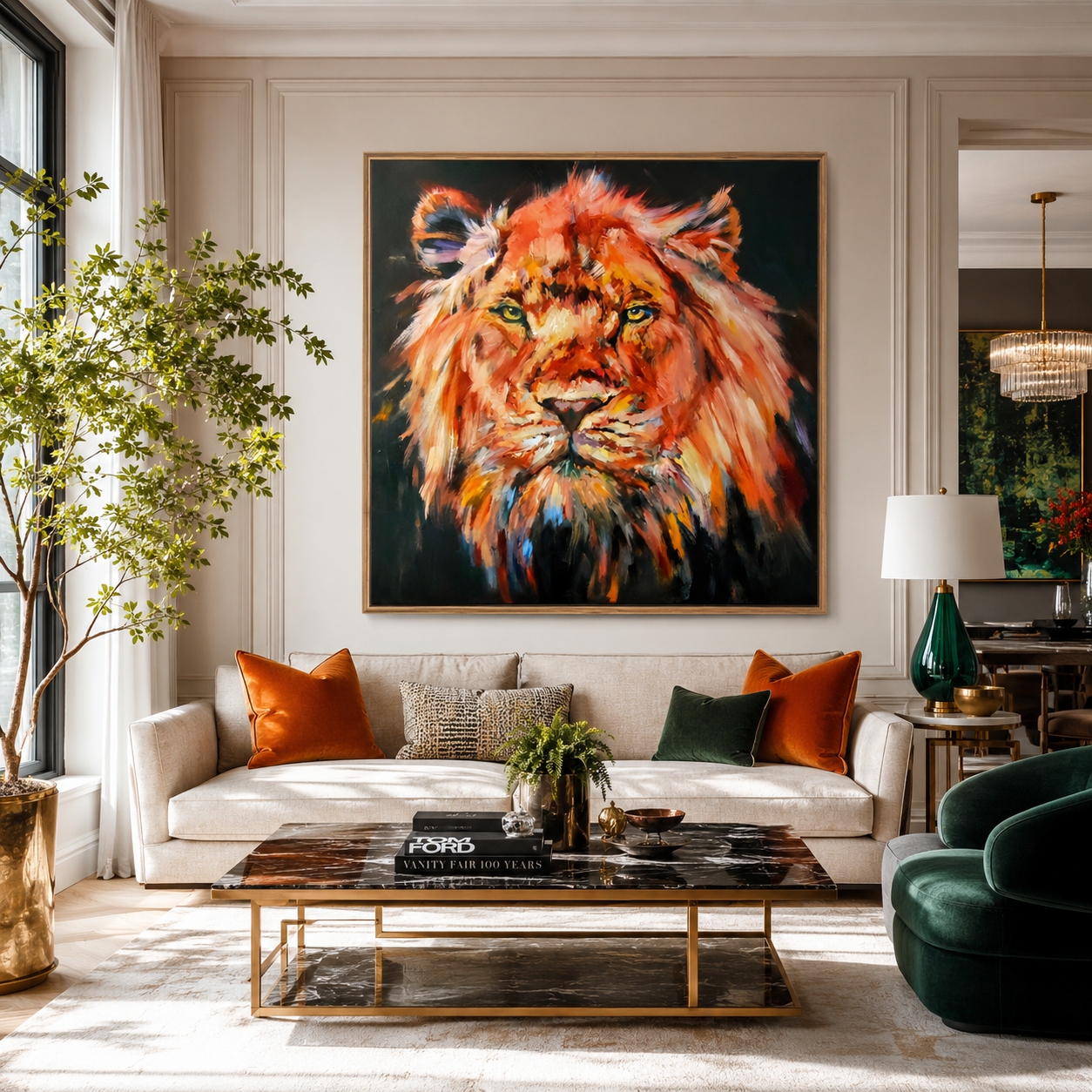 Living room with a large painting of a lion on the wall, a sofa with colorful pillows, and a coffee table.