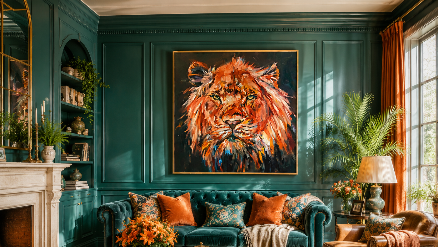 Luxurious living room with a large lion painting on the wall.