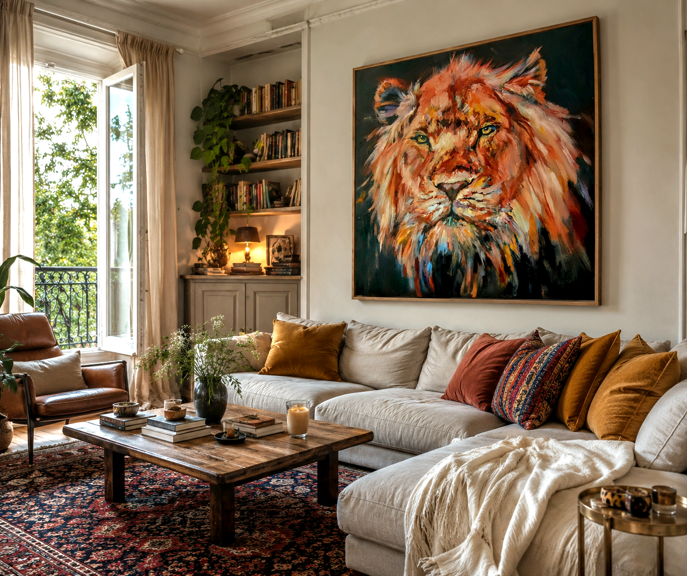 Living room with a large lion painting on the wall, a sofa with colorful pillows, and a wooden coffee table.