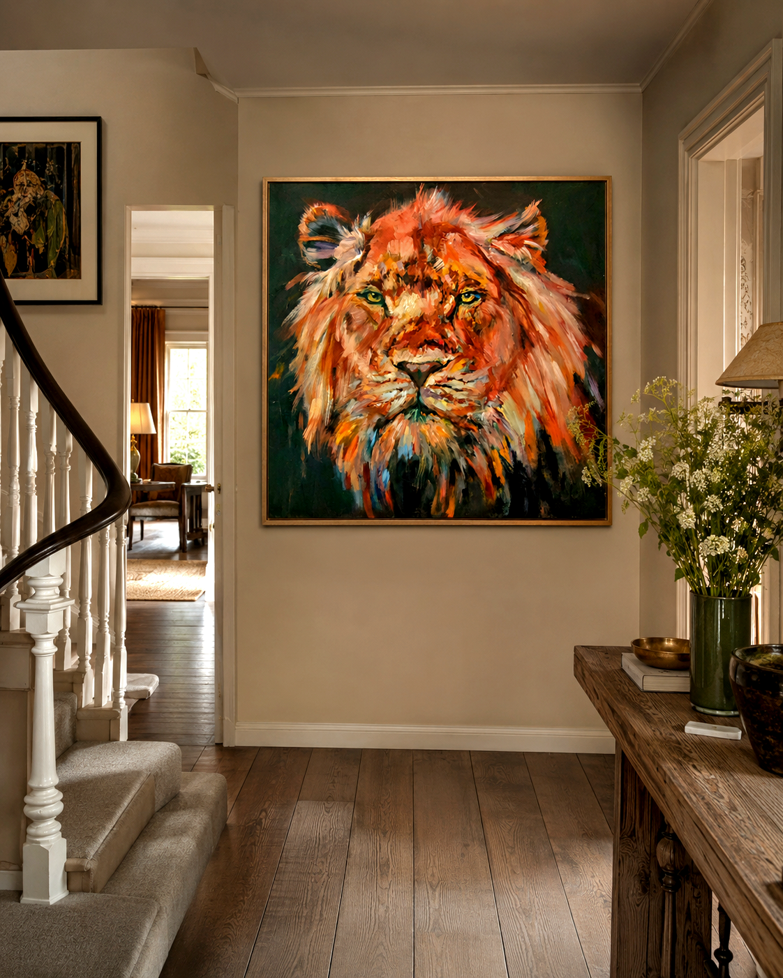 Staircase with a colorful lion painting on the wall in a home setting.