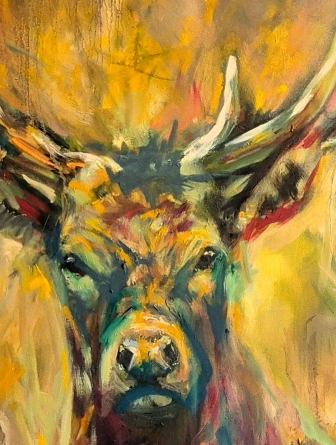 a big stag painting in shades of gold, brown and green,detailed close up view
