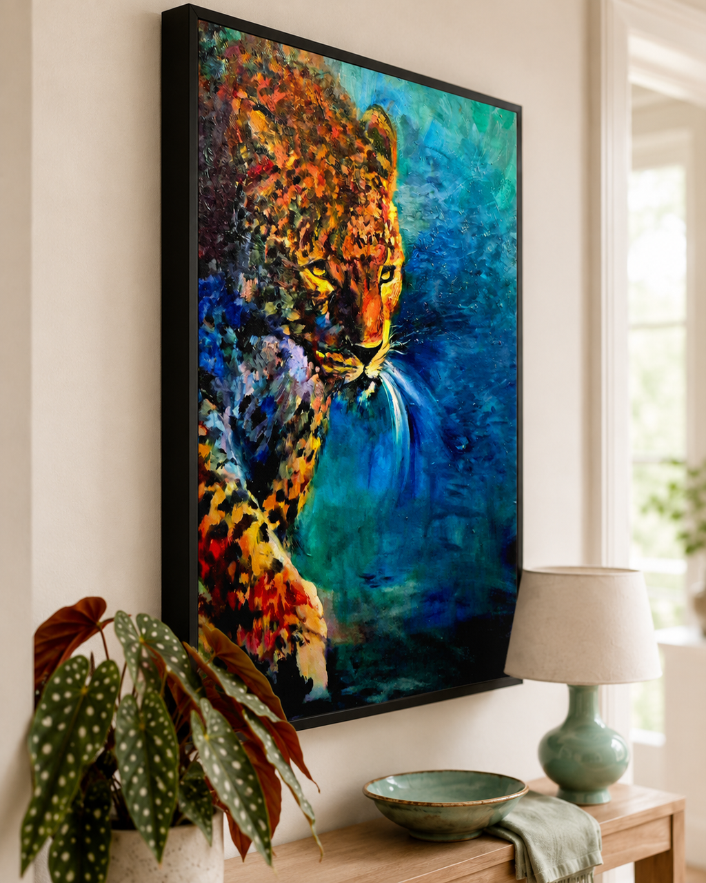 A framed vertical canvas art print depicting a colorful leopard in profile against a blue and teal background, displayed on a wall above a console table with a lamp, bowl, and potted plant.