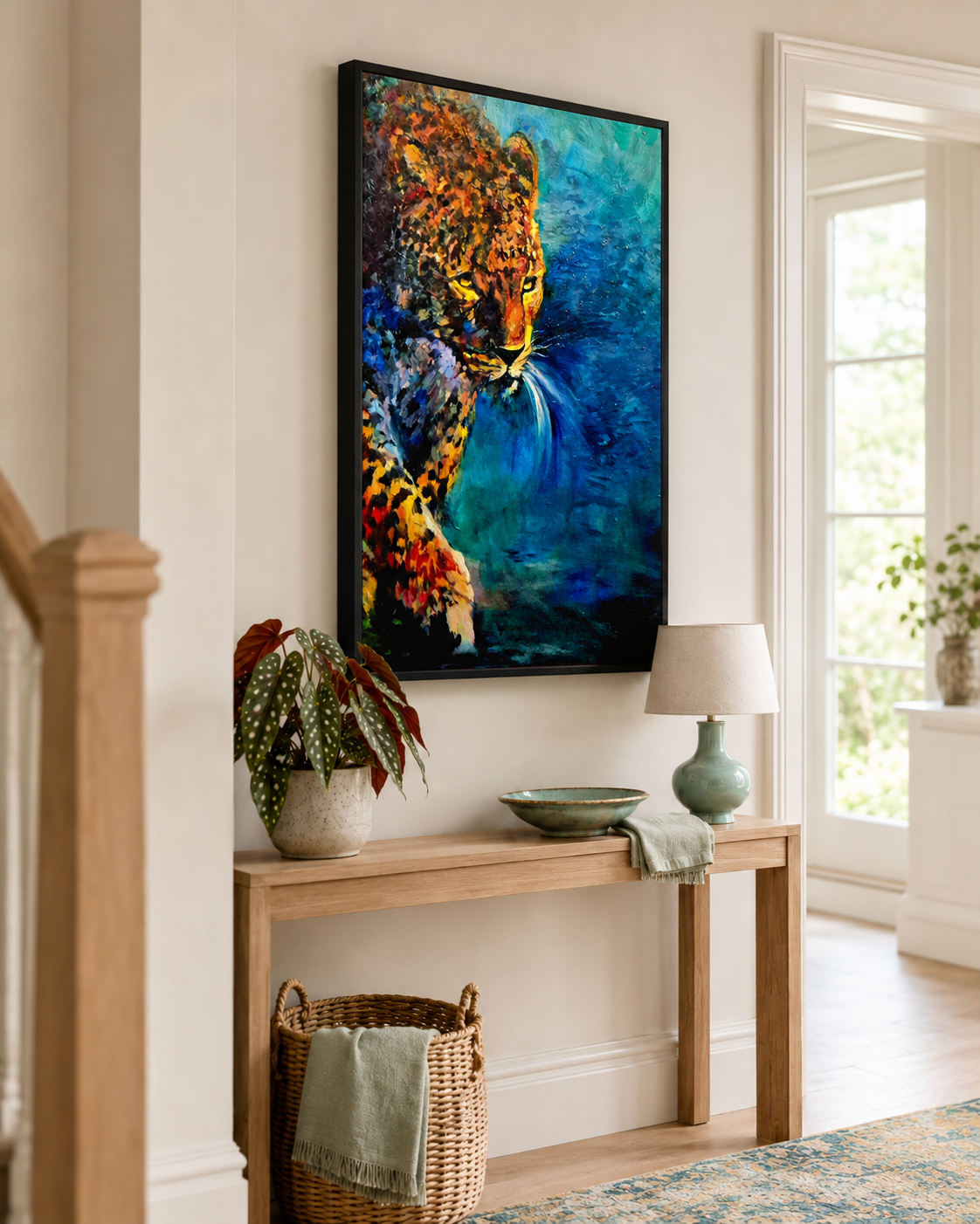 A framed vertical canvas art print depicting a colorful leopard against a blue background, displayed on a beige wall above a wooden console table in a bright, modern room.