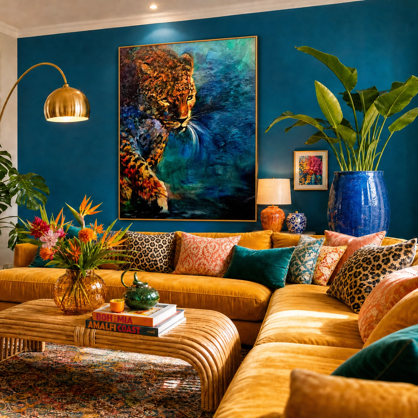 Living room with a blue wall, dopamine decor vibes, wildlife oil painting, yellow sofa, and decorative items.