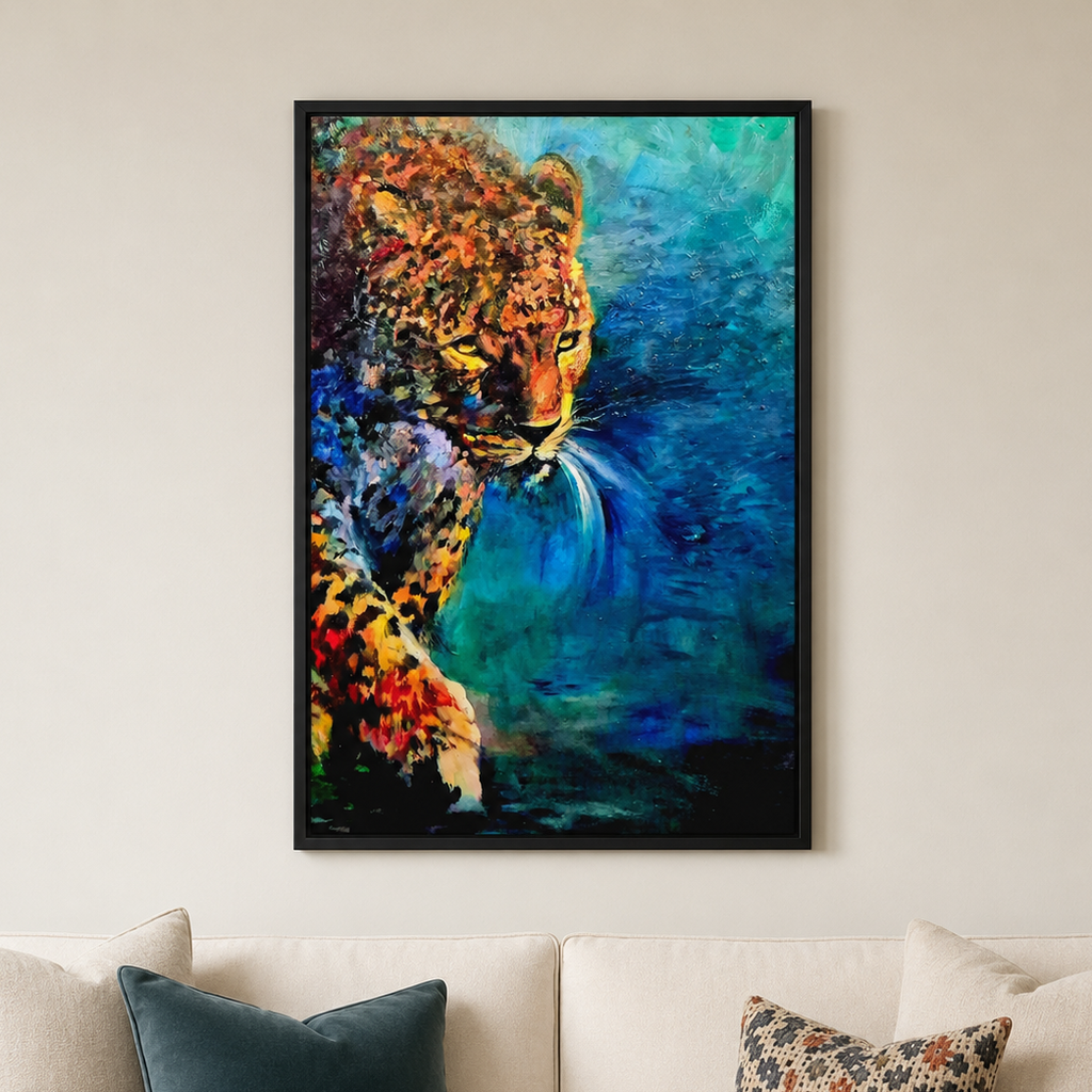 A framed vertical canvas print of a colorful leopard painting hanging on a beige wall above a cream-colored sofa with decorative pillows.