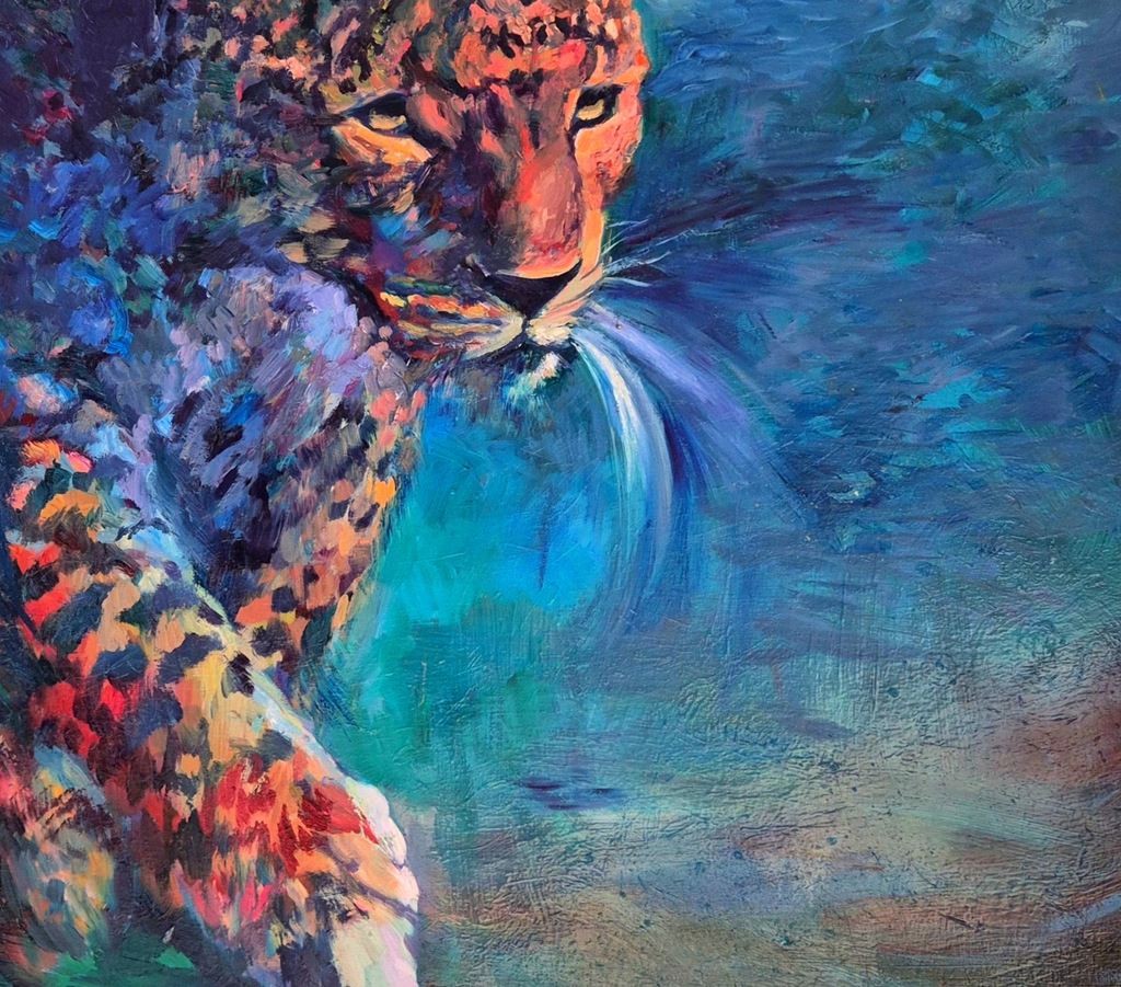 Colorful painting of a leopard with abstract background